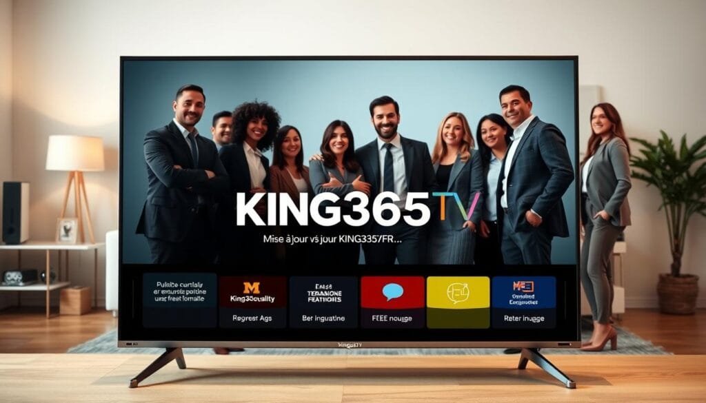 A dynamic and engaging visual that represents the concept of "mise à jour King365TV v3." In the foreground, feature a sleek, modern TV displaying the KING365FR logo prominently while showcasing innovative features of version 3, such as enhanced streaming options and user-friendly navigation. In the middle ground, depict a diverse group of confident individuals in professional business attire gathered around the TV, expressing excitement and curiosity about the update. The background should feature a contemporary living room setting with soft lighting that creates a warm, welcoming atmosphere. Use a slightly elevated perspective to capture the interaction, emphasizing engagement and collaboration. The overall mood should convey positivity and innovation, inspiring viewers about the transition to version 3 of King365TV. A dynamic and engaging visual that represents the concept of "mise à jour King365TV v3." In the foreground, feature a sleek, modern TV displaying the KING365FR logo prominently while showcasing innovative features of version 3, such as enhanced streaming options and user-friendly navigation. In the middle ground, depict a diverse group of confident individuals in professional business attire gathered around the TV, expressing excitement and curiosity about the update. The background should feature a contemporary living room setting with soft lighting that creates a warm, welcoming atmosphere. Use a slightly elevated perspective to capture the interaction, emphasizing engagement and collaboration. The overall mood should convey positivity and innovation, inspiring viewers about the transition to version 3 of King365TV.