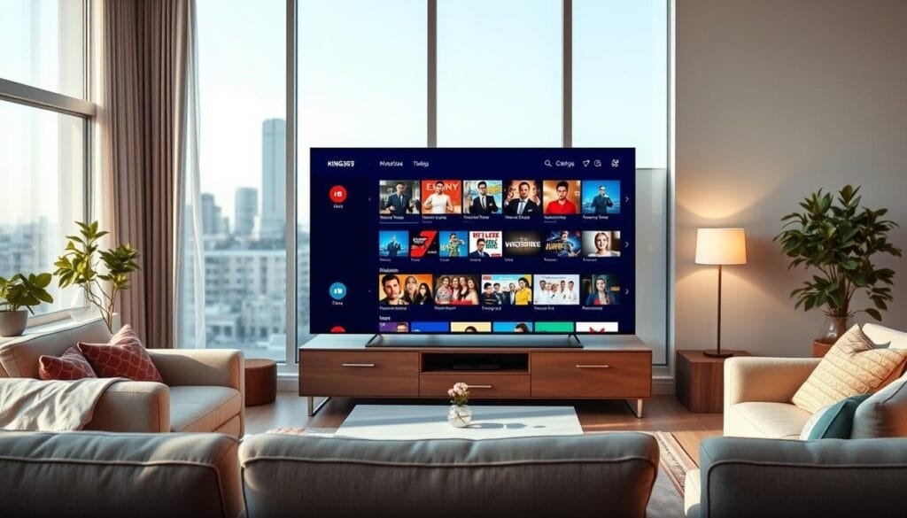 A vibrant and professional depiction of the IPTV service "KING365FR." In the foreground, a sleek digital interface showcases various streaming options on a modern flat-screen TV, with vivid thumbnails of popular shows and channels. The middle ground features a comfortable living room setting, complete with stylish furniture and soft lighting that creates a welcoming atmosphere. In the background, a softly blurred city skyline through a window suggests a connected, modern lifestyle. The overall mood is inviting and professional, reflecting reliability and user-friendliness in entertainment. Use natural lighting to enhance the scene's warmth, employing a 35mm lens perspective to focus on the digital interface while maintaining a clear view of the surroundings. No text or logos present. A vibrant and professional depiction of the IPTV service "KING365FR." In the foreground, a sleek digital interface showcases various streaming options on a modern flat-screen TV, with vivid thumbnails of popular shows and channels. The middle ground features a comfortable living room setting, complete with stylish furniture and soft lighting that creates a welcoming atmosphere. In the background, a softly blurred city skyline through a window suggests a connected, modern lifestyle. The overall mood is inviting and professional, reflecting reliability and user-friendliness in entertainment. Use natural lighting to enhance the scene's warmth, employing a 35mm lens perspective to focus on the digital interface while maintaining a clear view of the surroundings. No text or logos present.